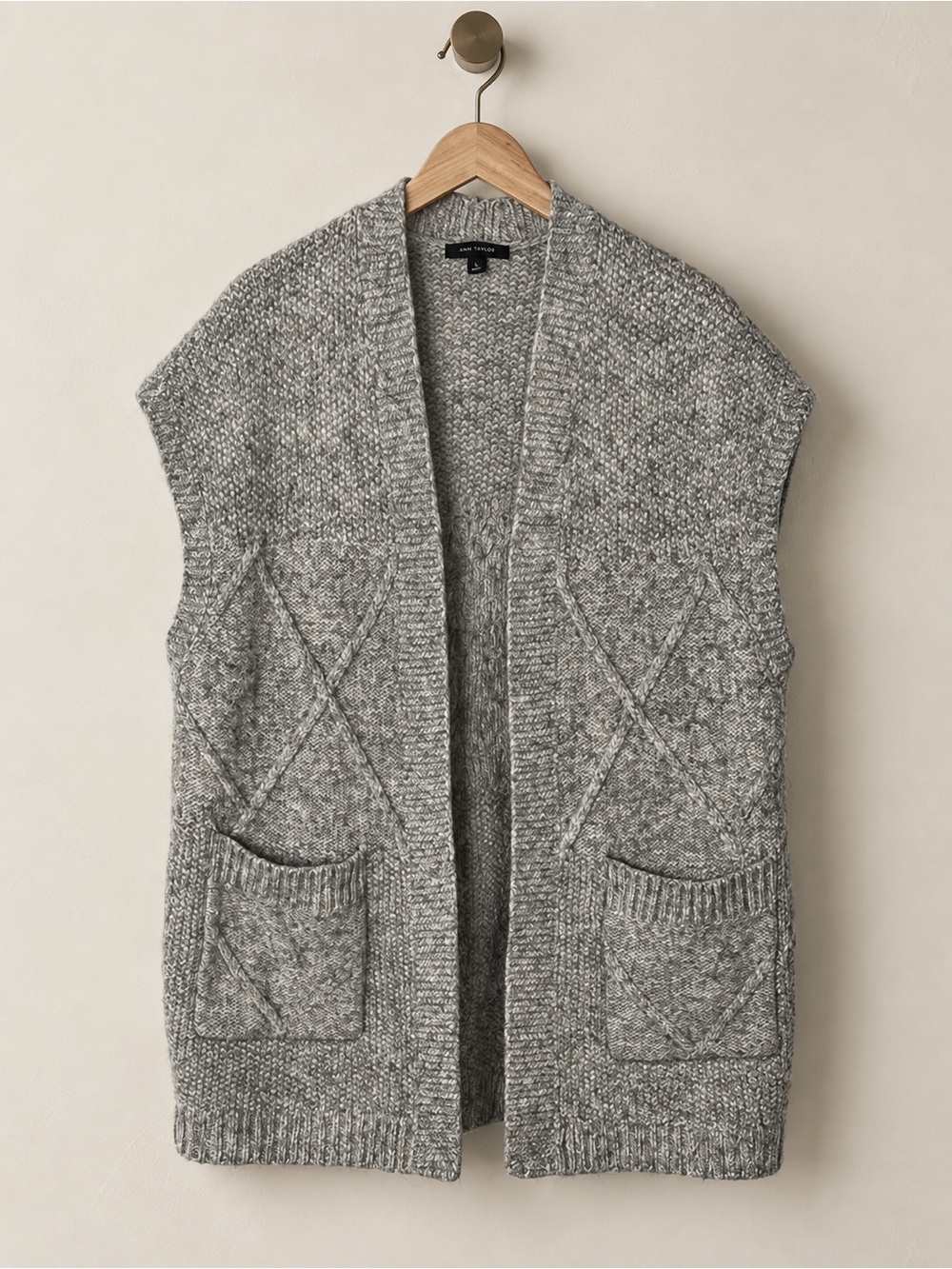 Ann Taylor | Gray Wool Alpaca Blend Open Front Sweater Vest Patch Pockets